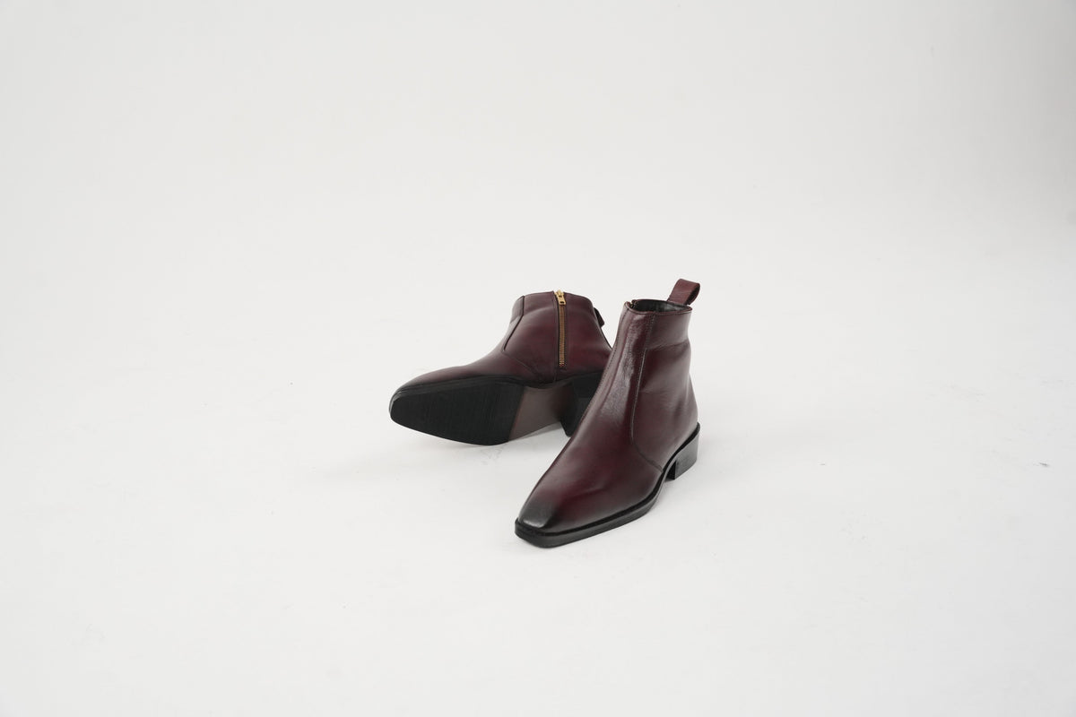 Burgundy Calfskin Chisel toe Boots